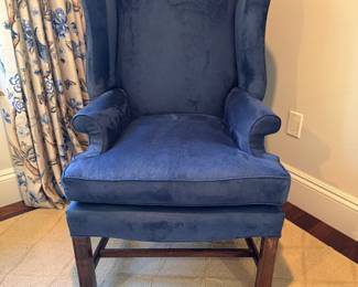 Blue velour wing chair