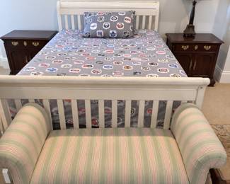White full size bed by Legacy and roll arm upholstered bench