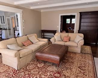 Gold herringbone sofa & loveseat by Hickory Chair and leather ottoman