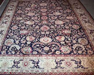 Handwoven wool & silk chinese carpetIn blues with ivory border, 8'6" X 11' 6"
