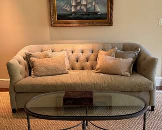 Boston Furniture Guild tufted back sofa and Minton Spidell oval coffee table with glass top