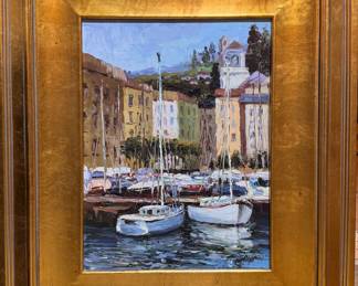 Oil on canvas, "Boats at Anchor" signed Thomas Thorton