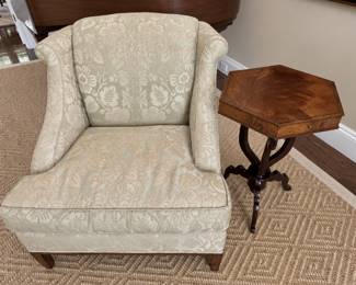 Goldish colored damask floral chair by A. Rudin
