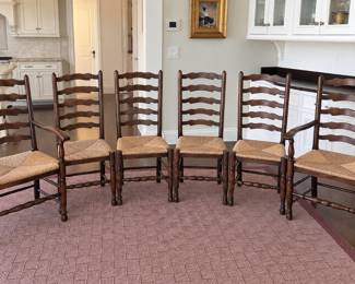 6 -ladderback chairs, (2-arm ), with rush seats.