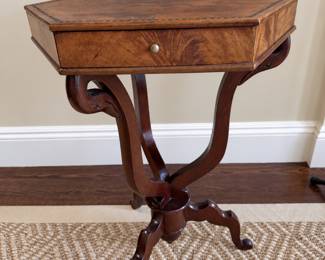 Hexagon burled wood table with 2 drawers and swan motif base