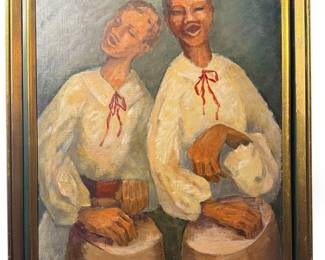 Mid Century Caribbean Folk Art Oil Painting