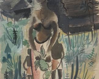 WWII Era, Pacific Theater Field Watercolor Painting of New Guinea Family
