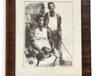 Black Americana Charcoal Drawing, Mother and Son