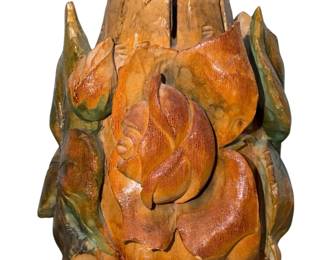 Rose Motif Carved Wood Vase