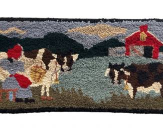 Antique Hook Rug of a Dairy Farm 