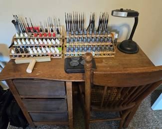 Antique oak desk with antique mirror (not pictured), paints and brushes for painting miniatures