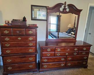 Cherry chest-of-drawers and dresser with mirror
