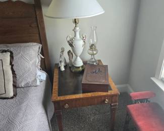 Antique lamp, endtable, and hurricane lamp