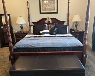 Cherry traditional rice carved poster king-size bed with mattress