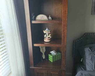 Narrow cherry 3-shelf cabinet (2 with bridge to form entertainment center)