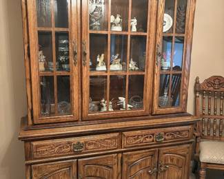 Traditional American Drew solid oak china cabinet in two sections with interior lighting