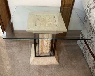Vintage tessellated Mactan stone coffee table with beveled glass top