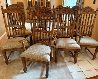 Set of 8 American Drew solid oak traditional dining chairs with turned spindles and fleur-de-lis upholstery