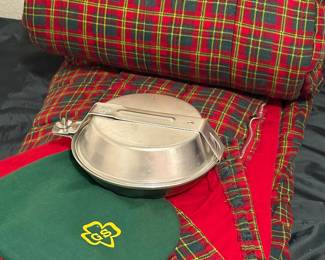 Vintage Girl Scouts sleeping bag and campfire set