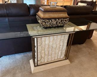Vintage tessellated Mactan stone sofa/console table with beveled glass top