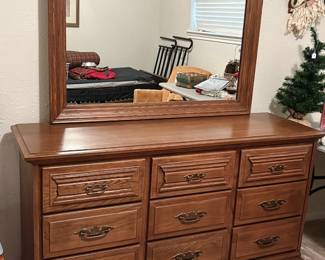 Traditional Young-Hinkle solid oak triple dresser with mirror, made in America