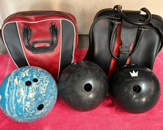 Vintage Brunswick bowling balls and bags