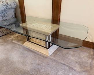 Vintage tessellated Mactan stone side/lamp table with beveled glass top