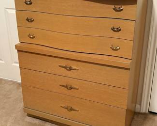 Mid-Century Modern blonde wood tall boy dresser