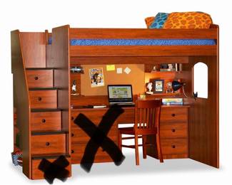 Berg Furniture Utica loft bed with staircase, bookshelf, and desk. Missing one drawer. Did not come with chest of drawers or chair