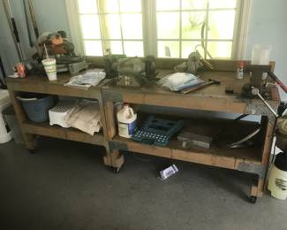 Work bench rolling, bench grinder, ridged chop saw, vise 