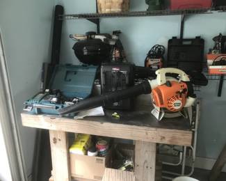 Makita rechargeable drill, Stijl leaf blower, battery charger, electric heater, screen and tools , stainless steel rolling work station 