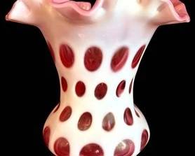 Art Glass Vase - Vintage Fenton Cranberry Opalescent Coin Dot
