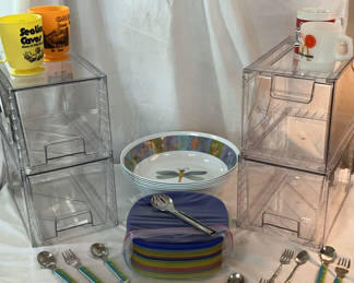 Lot 196: Colorful kitchenware set with mugs, bowls, plates, utensils and organizers