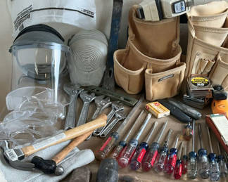 Lot 27: Assorted tools and safety gear with Husky leather tool belt