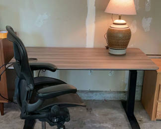 Lot 176: Large Metal Desk, Office Chair, Lamp