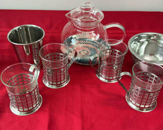 Lot 53: Glass teapot with metal lattice mugs, etc.
