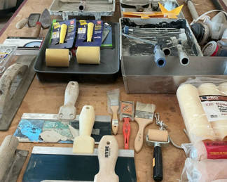 Lot 97: Paint supplies, tools, and ladder