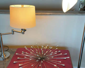 Lot 69: Chrome And White Contemporary Lamps, Wall Art