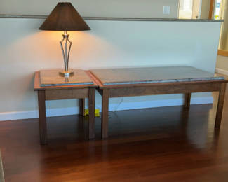 Lot 19: Two Dark Oak Tables With Granite tops, Lamp