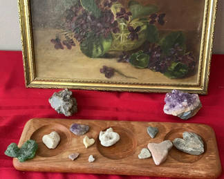 Lot 143: Framed floral still-life with mineral specimens and lighter