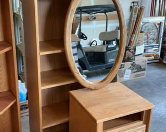 Lot 180: Solid Oak Bookshelf, Nightstand And Oval Mirror