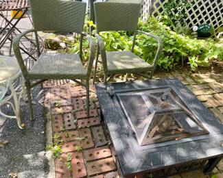 Two Green Rattan Chairs/Metal Fire Pit