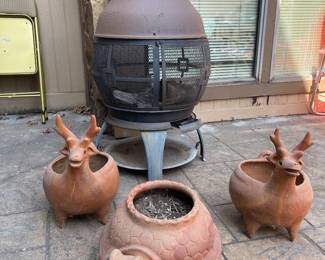 Chiminea and patio pots
