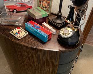 Zebrano Wood end table, leather covered drawers