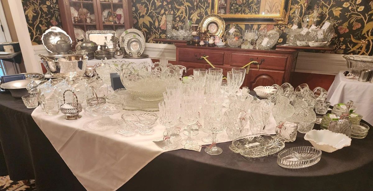 Various Crystal and Glassware, Punch Bowls, Waterford Decanters, Biscuit Jar, Vase, Many Pewter and Silver Pieces including Punch Bowl with Cups/Ladel