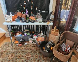 Spooky Items to decorate your home including Jim Shore pumpkin and witch, a cauldron and Cast Iron Pot with lid