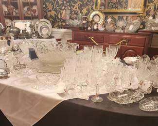 Various Crystal and Glassware, Punch Bowls, Waterford Decanters, Biscuit Jar, Vase, Many Pewter and Silver Pieces including Punch Bowl with Cups/Ladel
