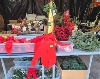 Christmas Garlands, Pine cones, Berry stems, Wreaths, Bows, Tin Angel, Sprays, Picks, window lights and more