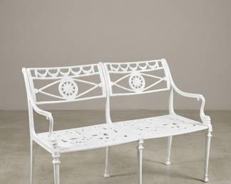 White cast-metal garden bench