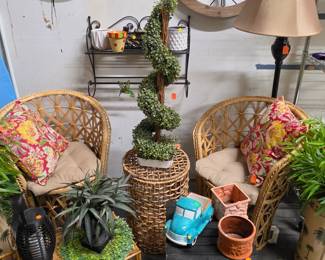Wicker Settee Set, two chairs and round table, Swirl Pattern Topiary, Planters